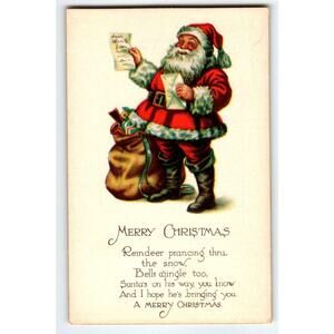 Santa Claus Christmas Postcard Jolly Saint Nick Holds Letter Sack Toys Ser 1961